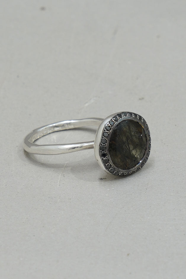 begum ring silver black diamonds green rutilated quartz