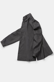 profile product view of toogood draughtsman shirt poplin pencil emphasizing the long tapered sleeves and side slit details