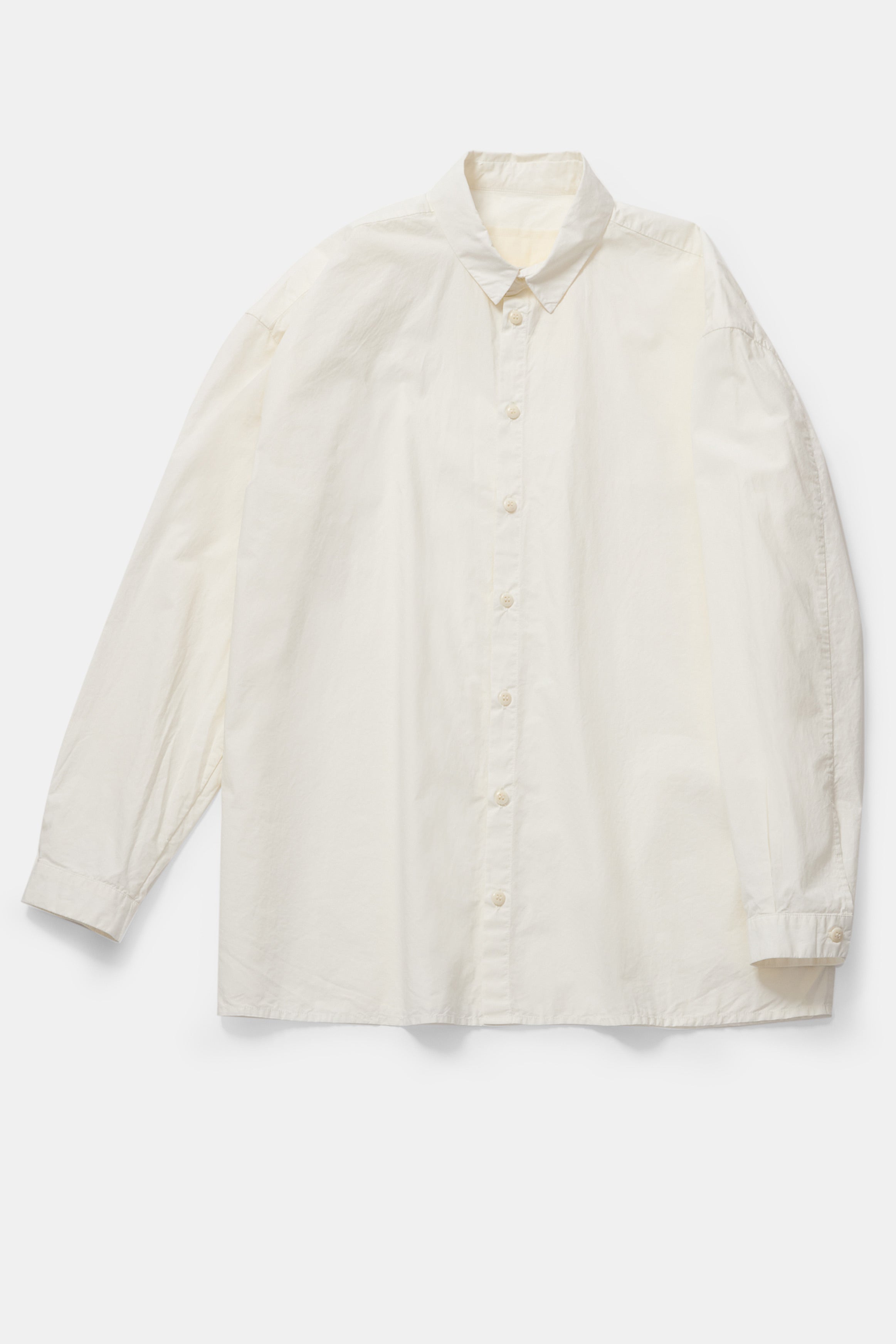 product view of toogood draughtsman shirt poplin yoghurt button front opening and long sleeve detail