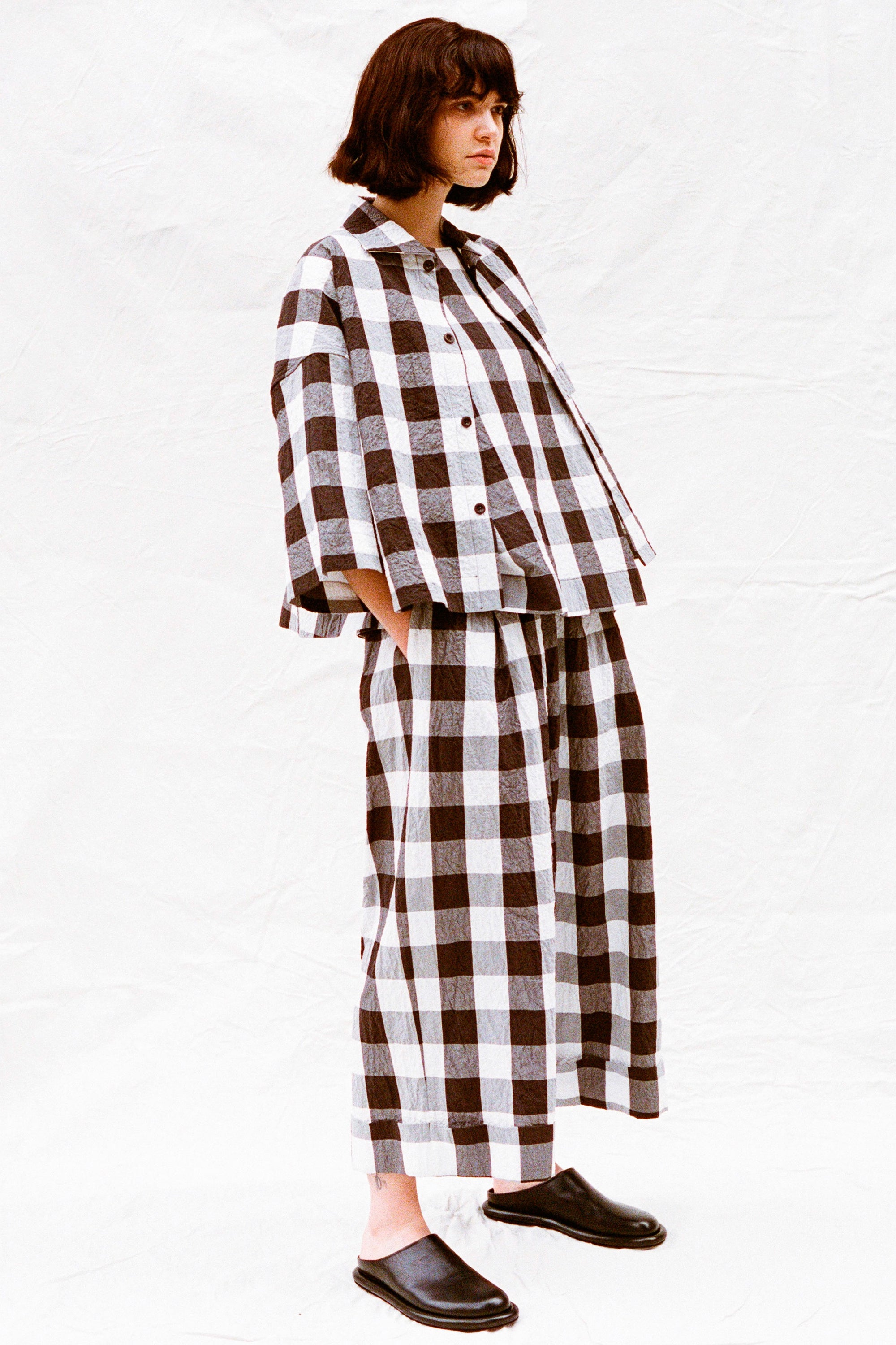 baker trousers tablecloth gingham coffee