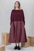 boatneck pleated dress wine