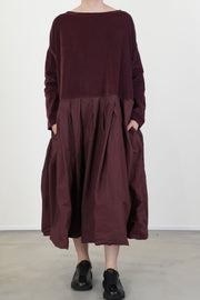 boatneck pleated dress wine