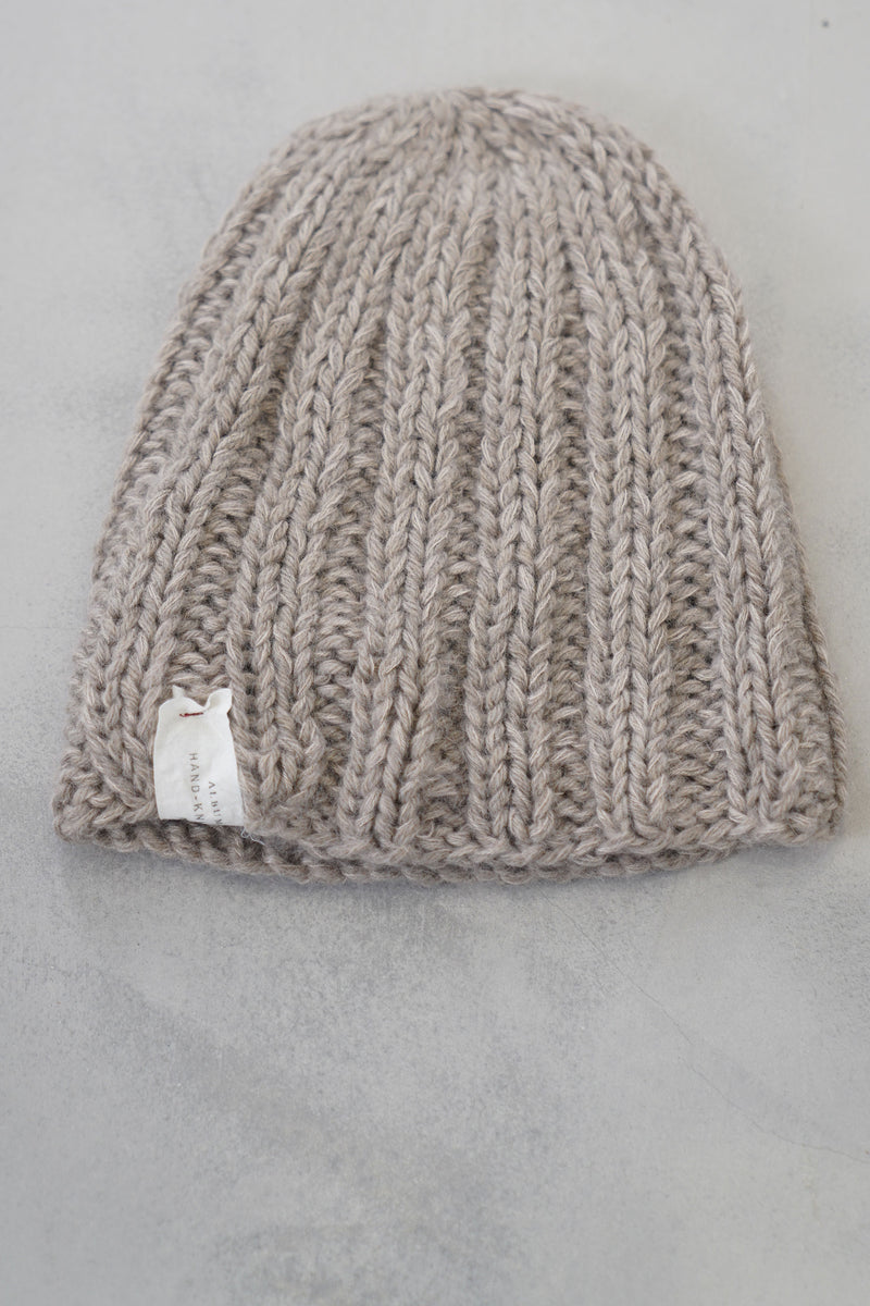 hand knitted large ribbed hat pebble