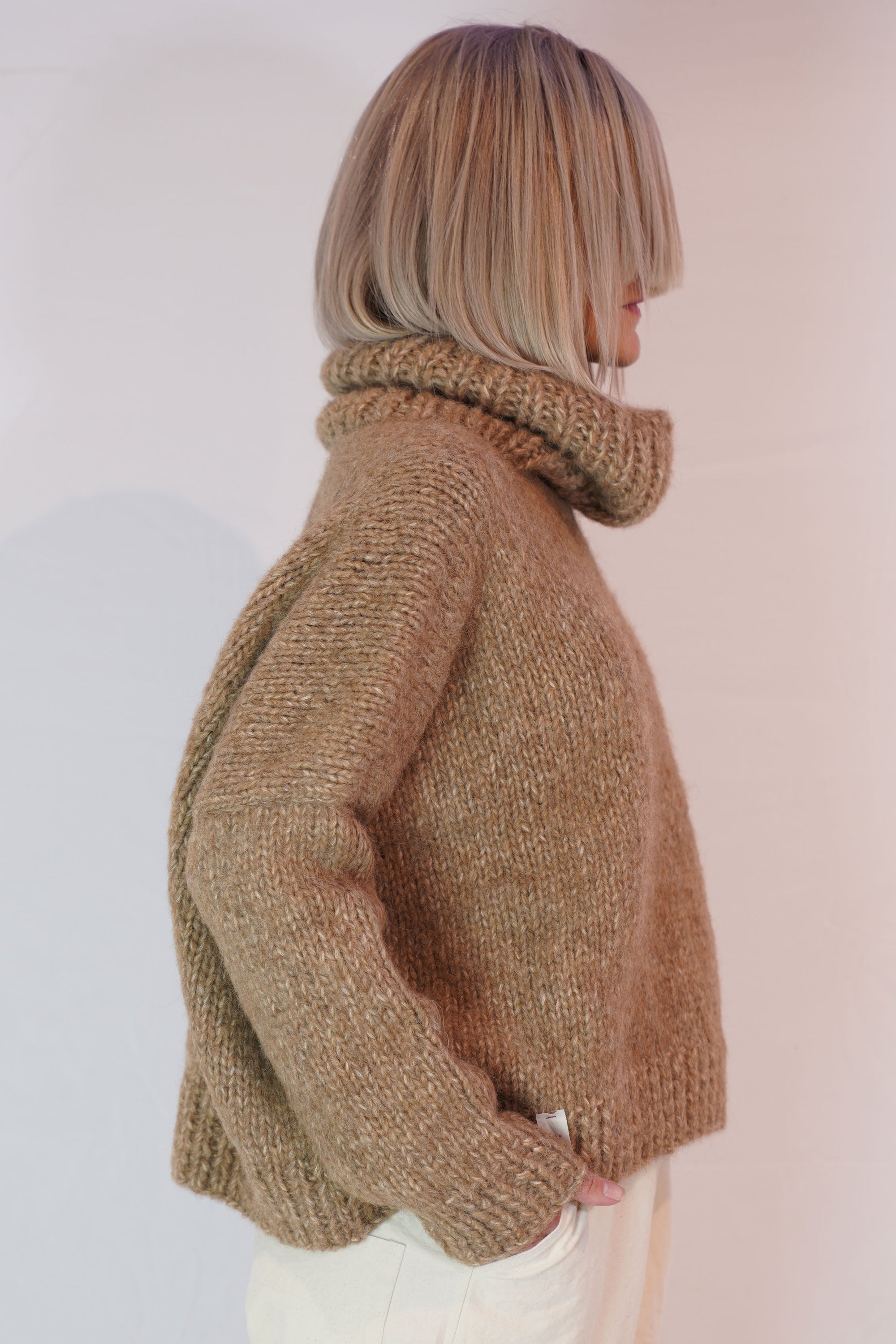 handknitted eco dolcevita sweater sugar