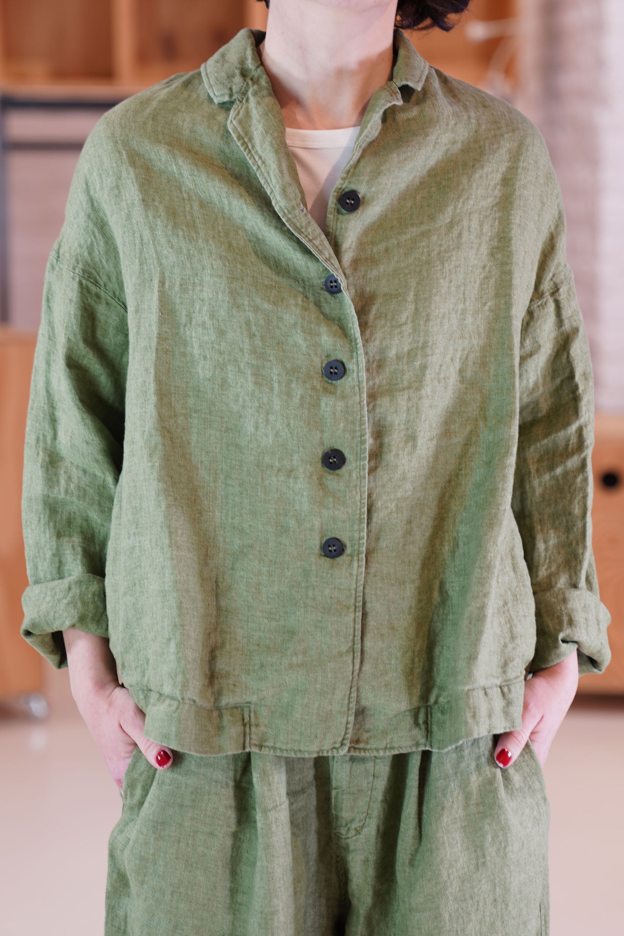 linen loose blazer green