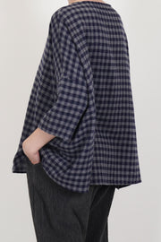 back view of apuntob (a.b) shirt cashmere stone blue check comfortable and airy fit.