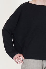 detail view of apuntob (a.b) wool silk knitwear black long, slim-fitting sleeves and a slightly cropped length