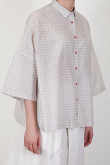 front view of apuntob (a.b) shirt check cotton silk tomato lightweight and breathable design