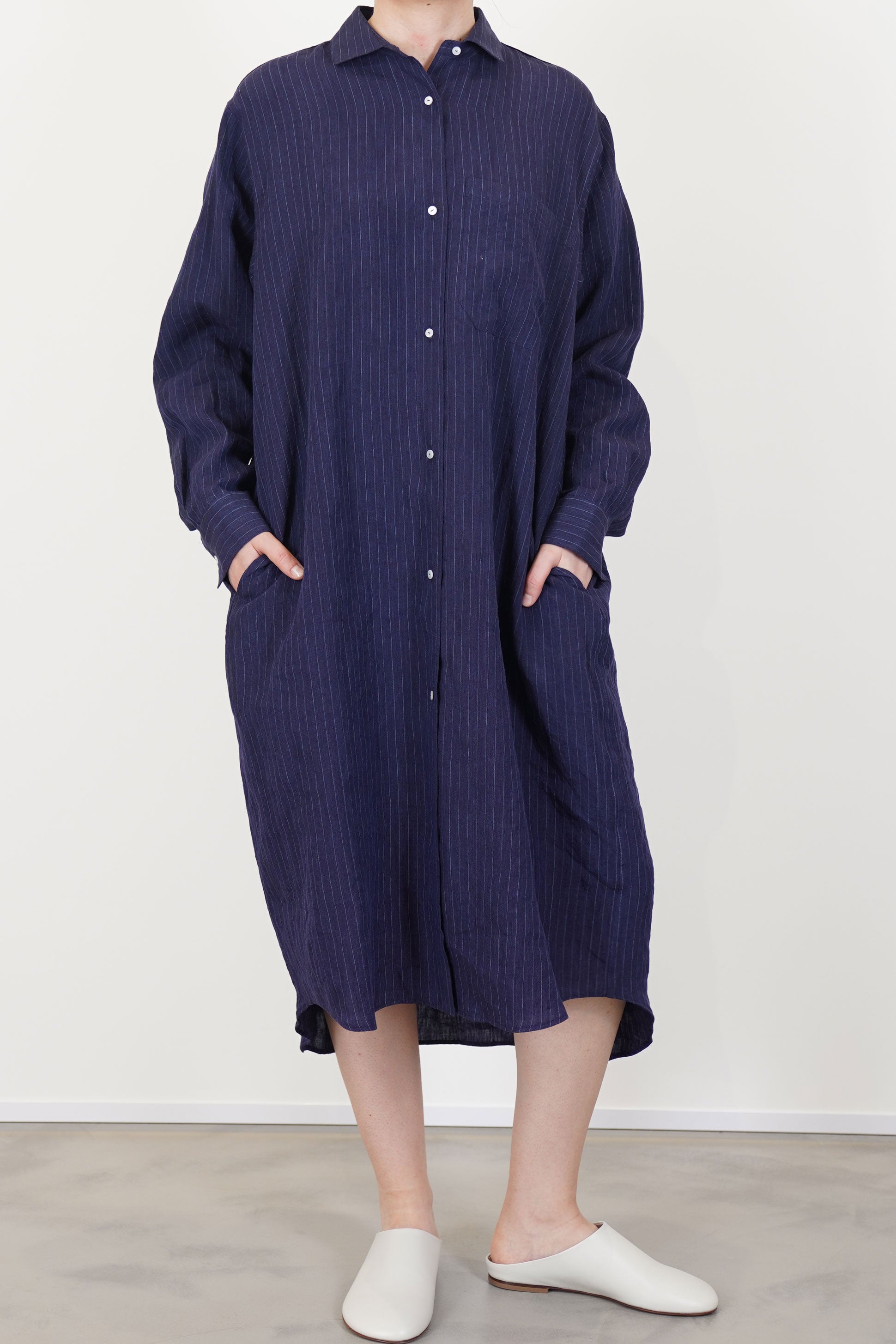 dress rita linen navy pinstripe