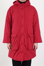 asciari padded coat anne red features a button-front closure with fabric-covered buttons and a hood detail