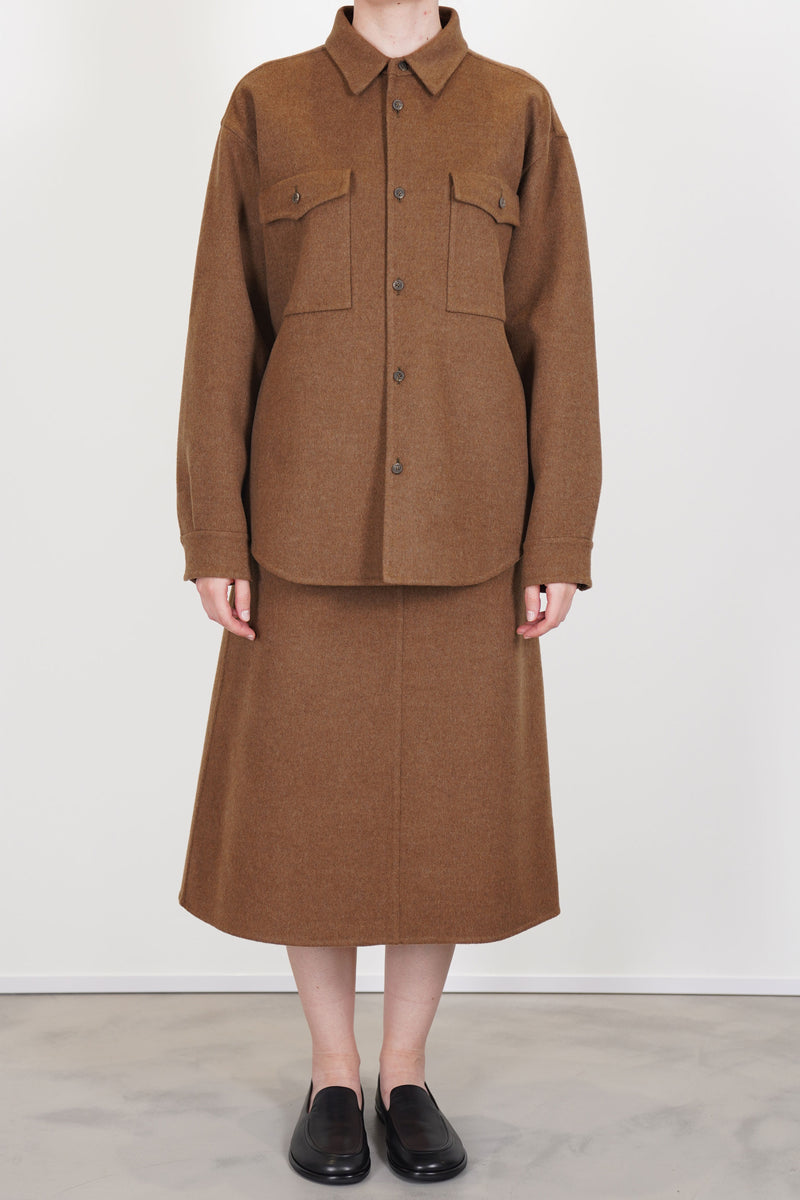 asciari shirt cruz wool cashmere brown worn with asciari ariel skirt wool cashmere brown