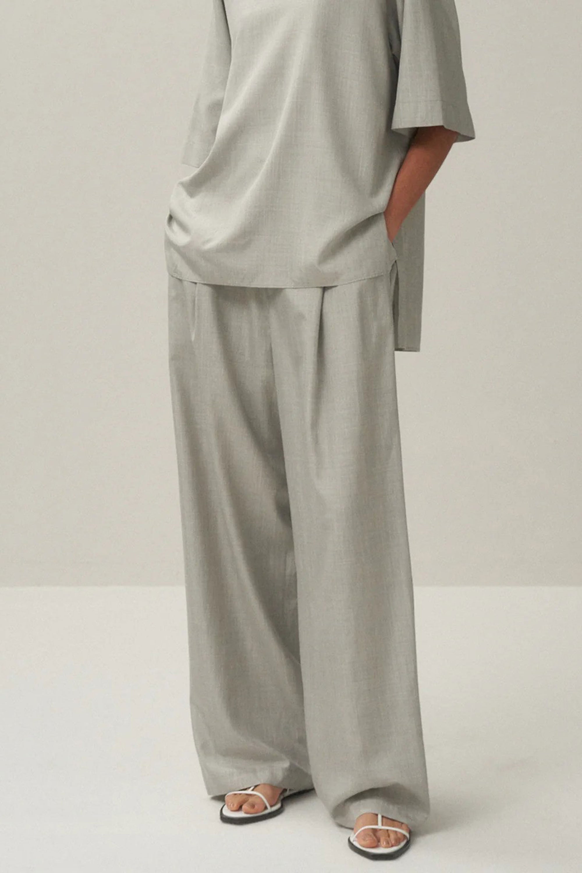 easy wide pants silk top gray