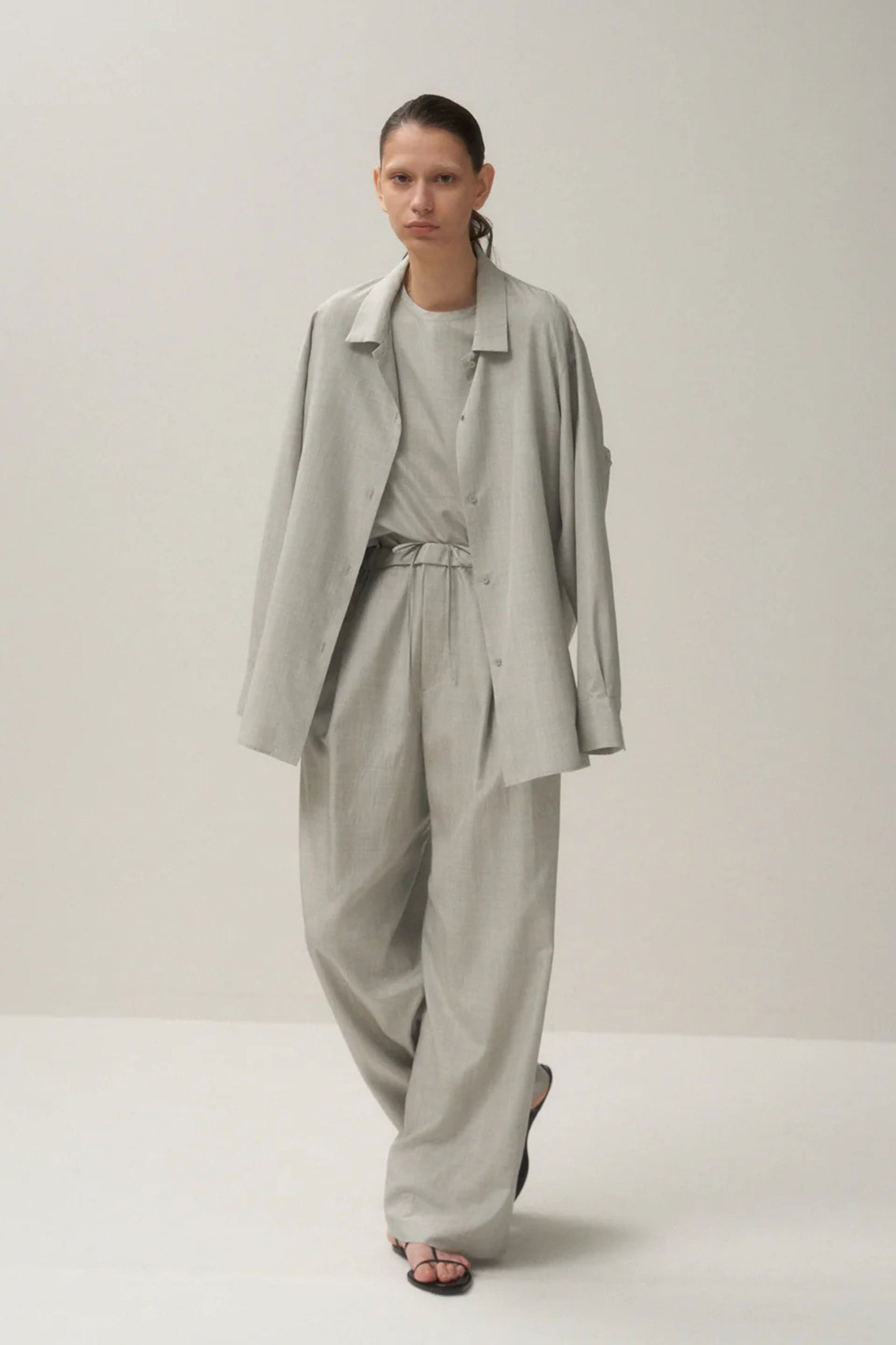 easy wide pants silk top gray