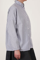side view of bergfabel tina shirt stripes drop shoulders and tapered sleeves towards the cuffs