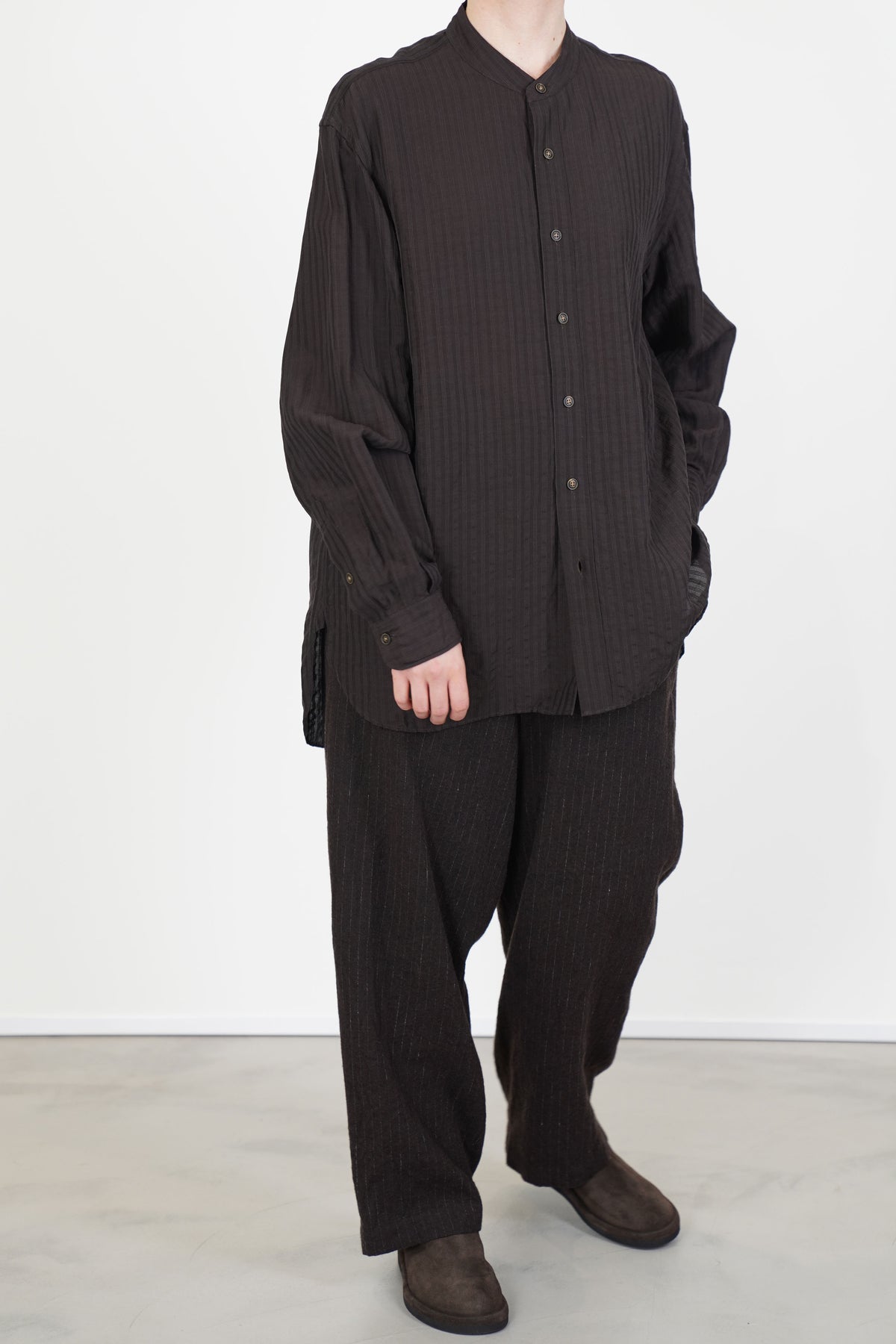 band collar shirt dobby stripe brown