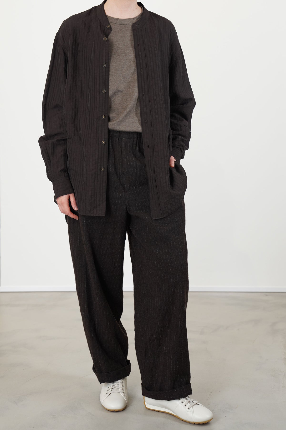 band collar shirt dobby stripe brown