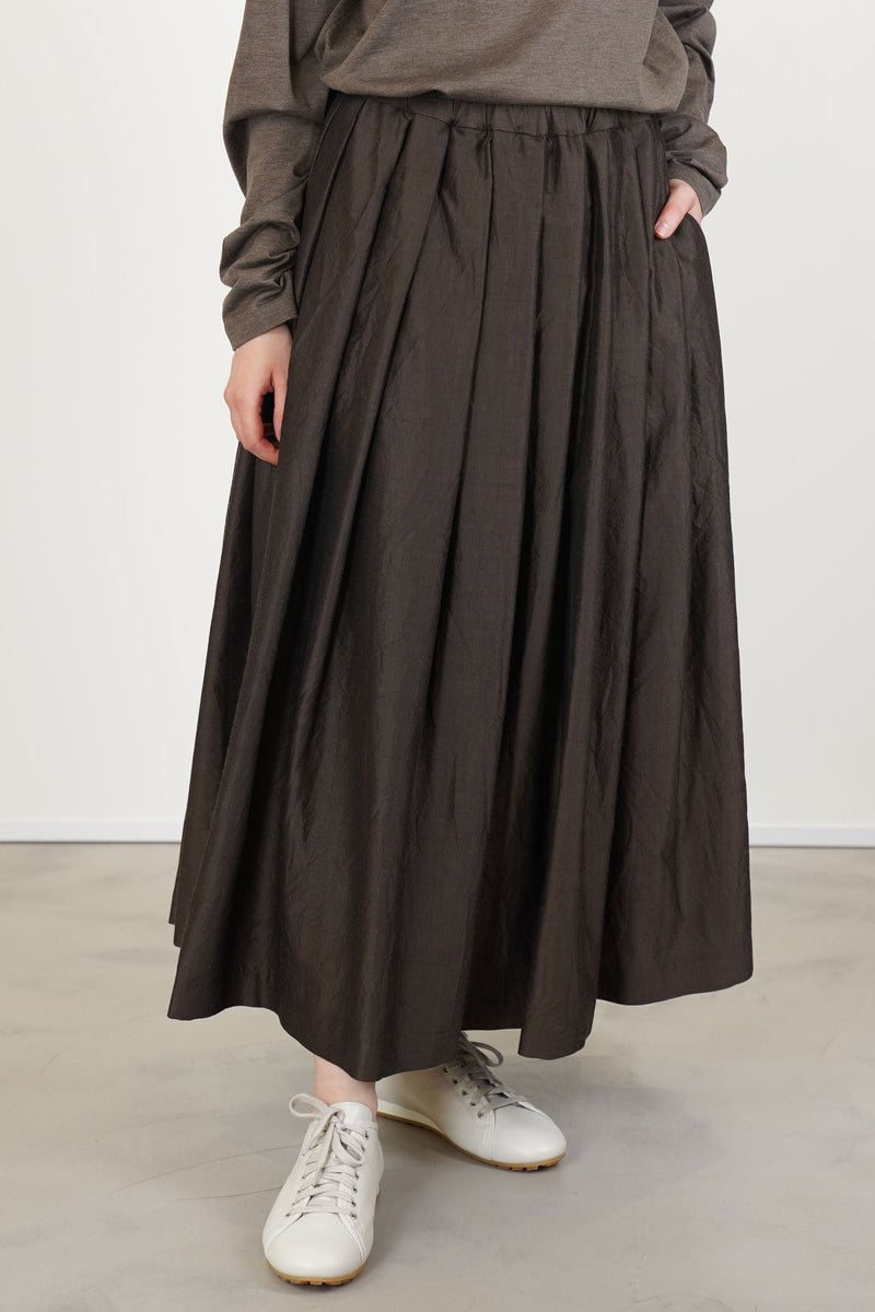 gathered pleated skirt silk wool dark brown