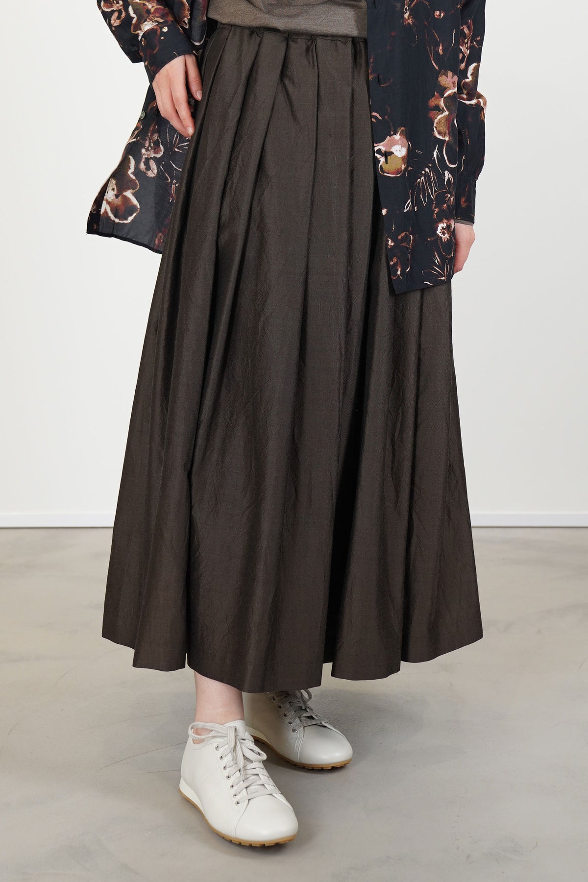 gathered pleated skirt silk wool dark brown