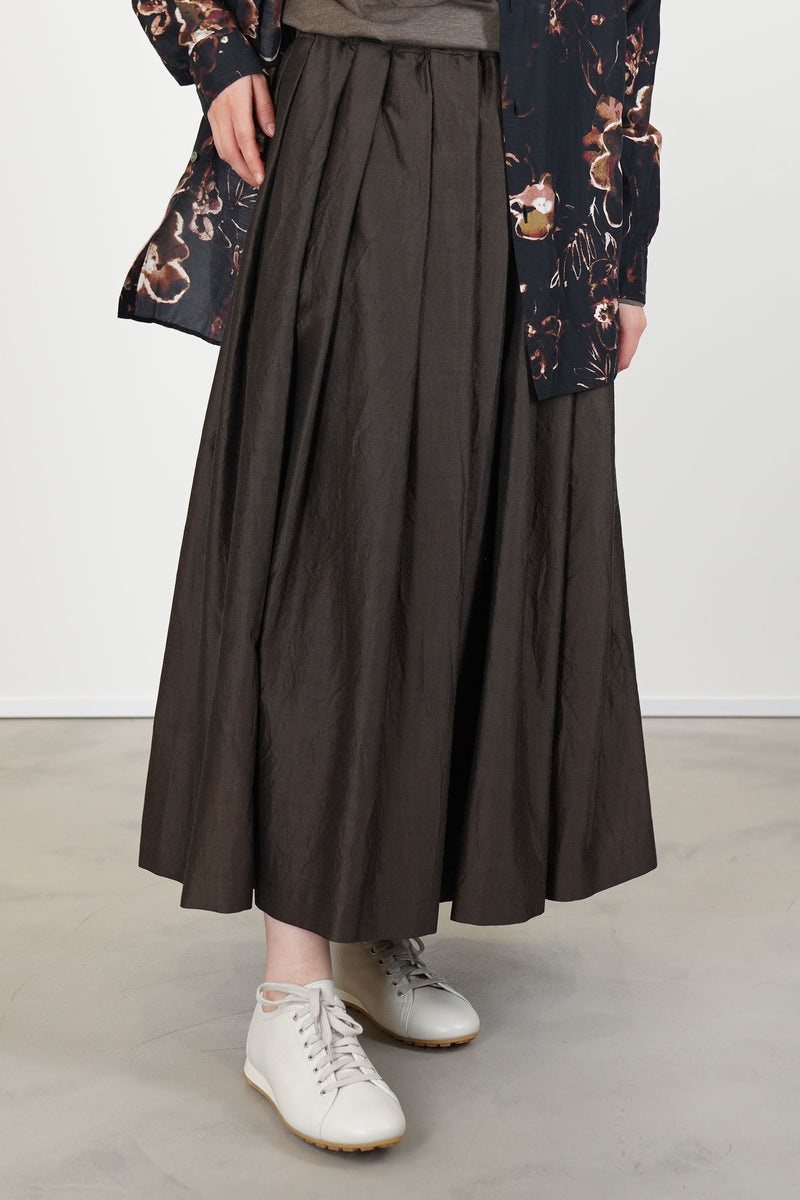 gathered pleated skirt silk wool dark brown
