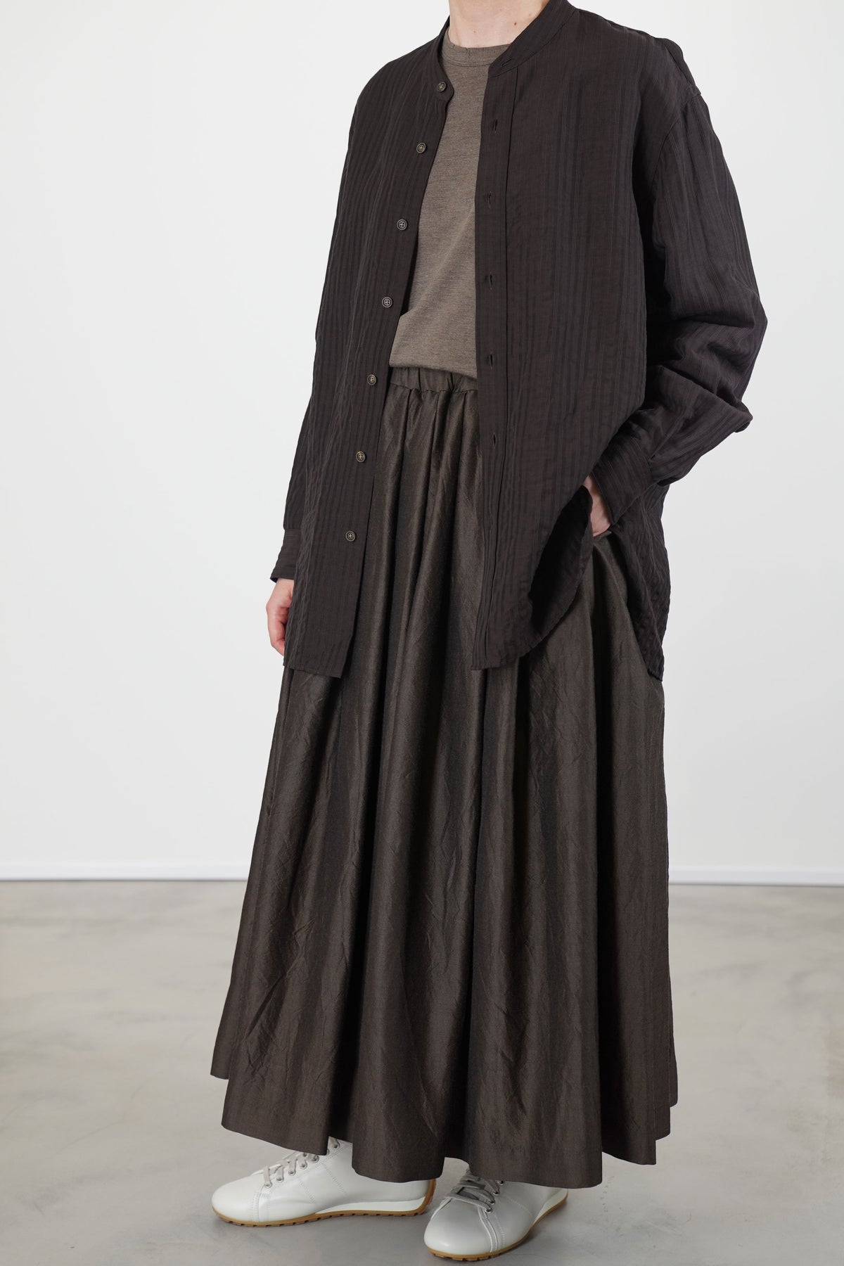 gathered pleated skirt silk wool dark brown