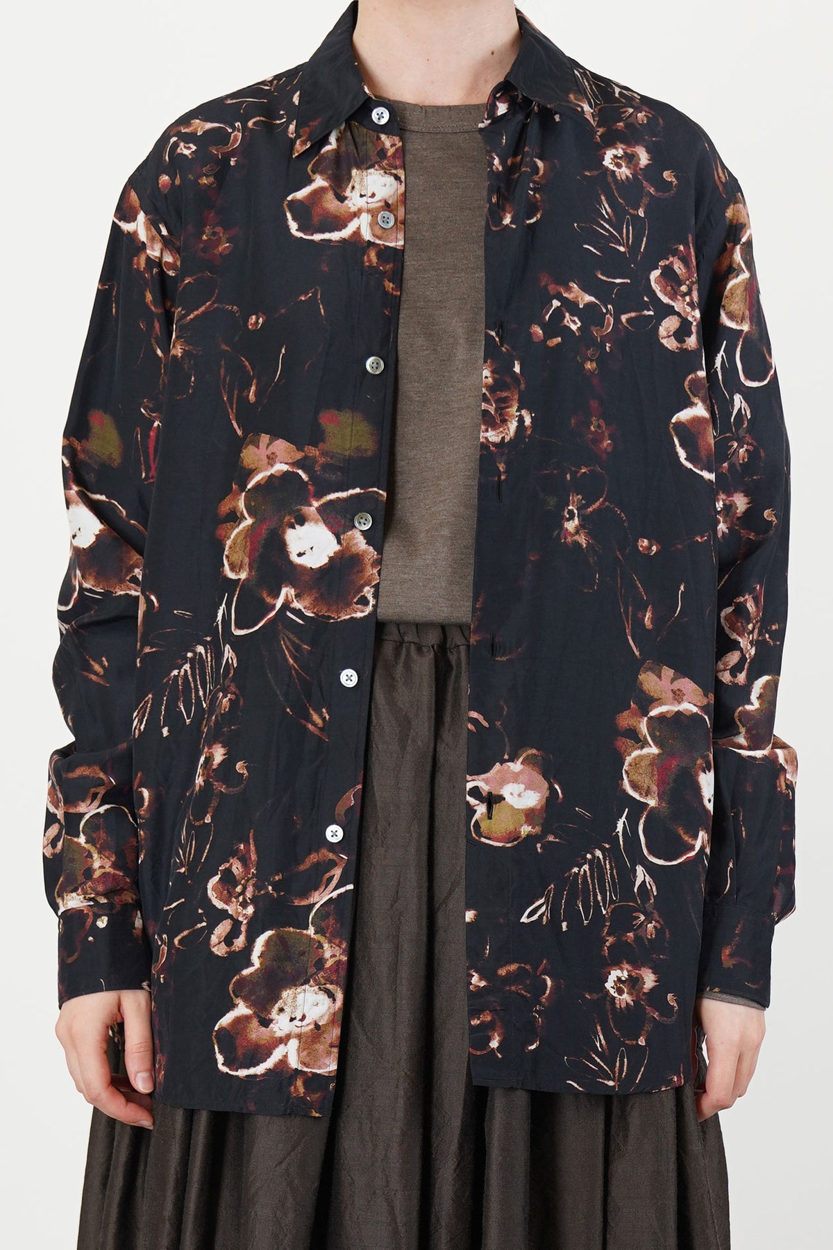 regular collar shirt silk cupro brown flower