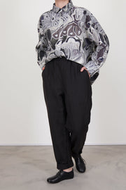 casey casey long chasse pants dark brown worn with manon shirt greys print