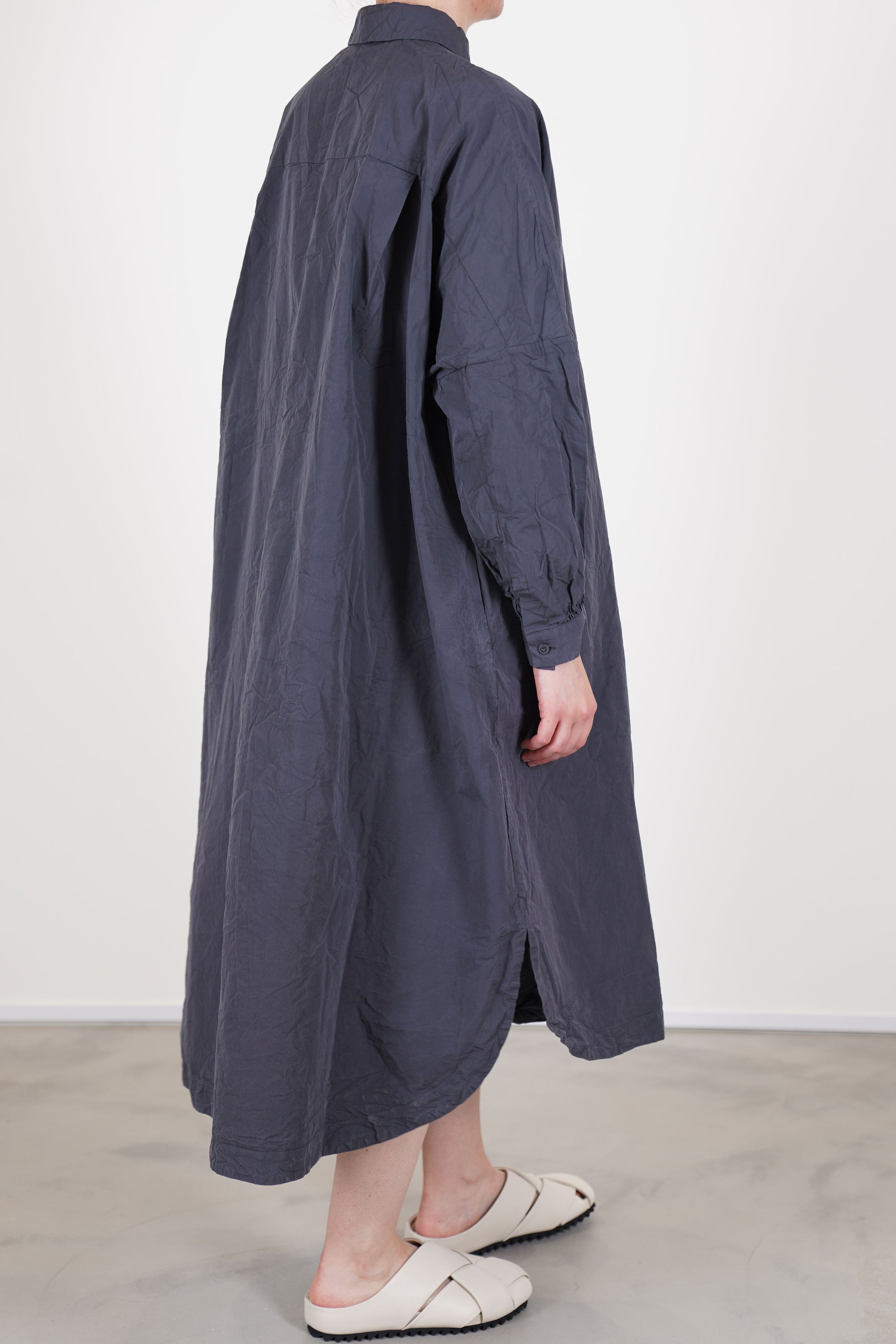 back view of casey casey yuki dress blu skull longer back hemline, relaxed fit