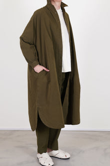 casey casey yuki dress green lake worn as an overcoat and paired wit matcing tippy pants in a relaxed and slow fashion style