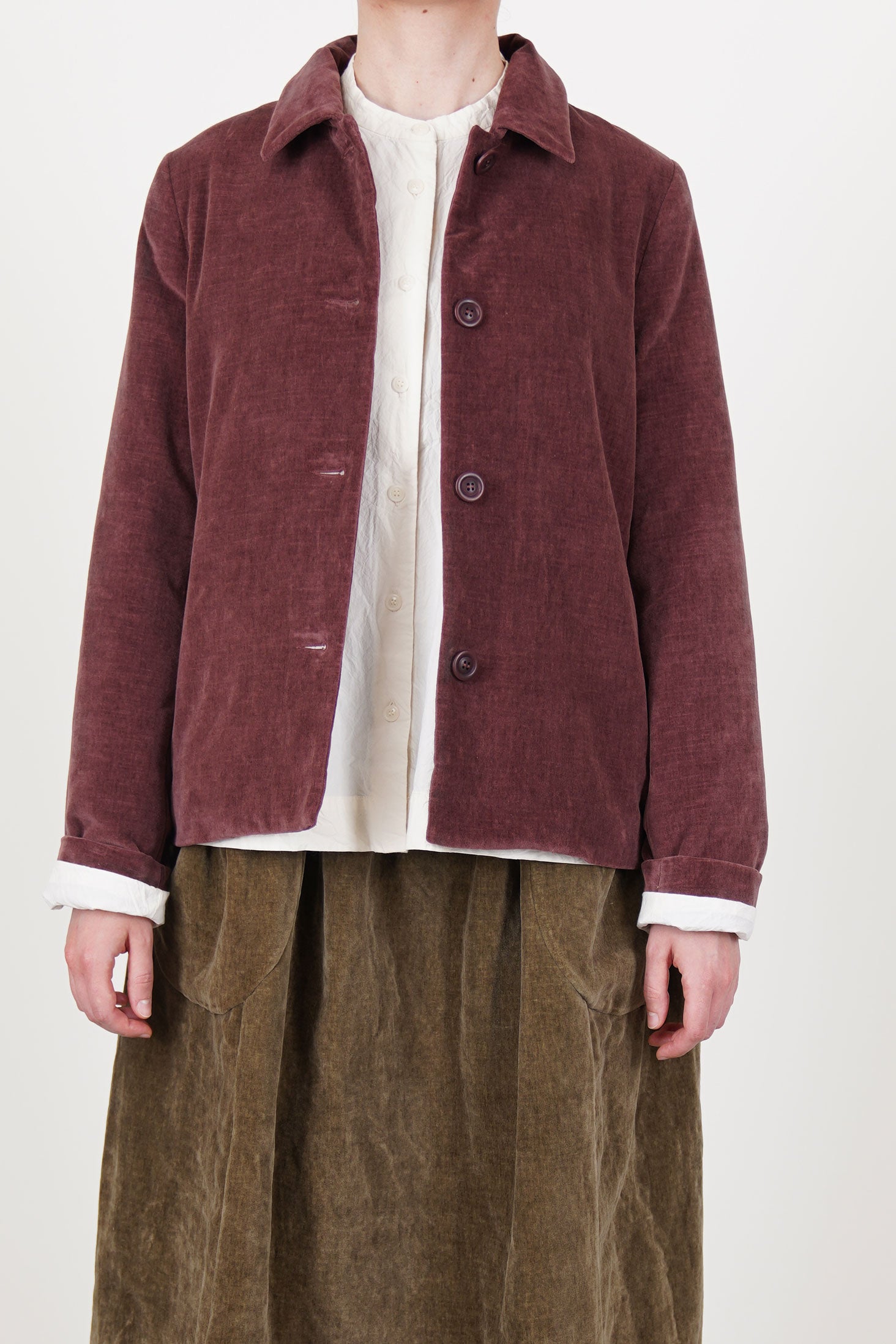 casey casey pwet jacket velvet prune crafted in a soft and luxurious cotton velvet material with a washed finish. 