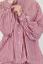 casey casey biggy grandad shirt stripe 2 front view of fabric gathered details at the cuffs