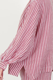 side view of casey casey biggy grandad shirt stripe 2 side slit for ease of movement