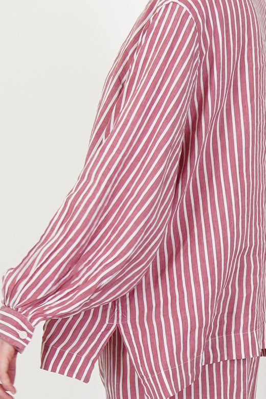 side view of casey casey biggy grandad shirt stripe 2 side slit for ease of movement