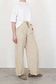 model wears casey casey row pant rugger ivory