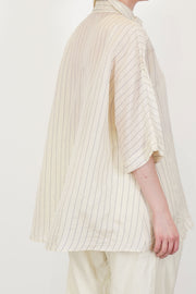 profile view of casey casey waga ss shirt silk stripe 1 blouson sleeves and fluid drape