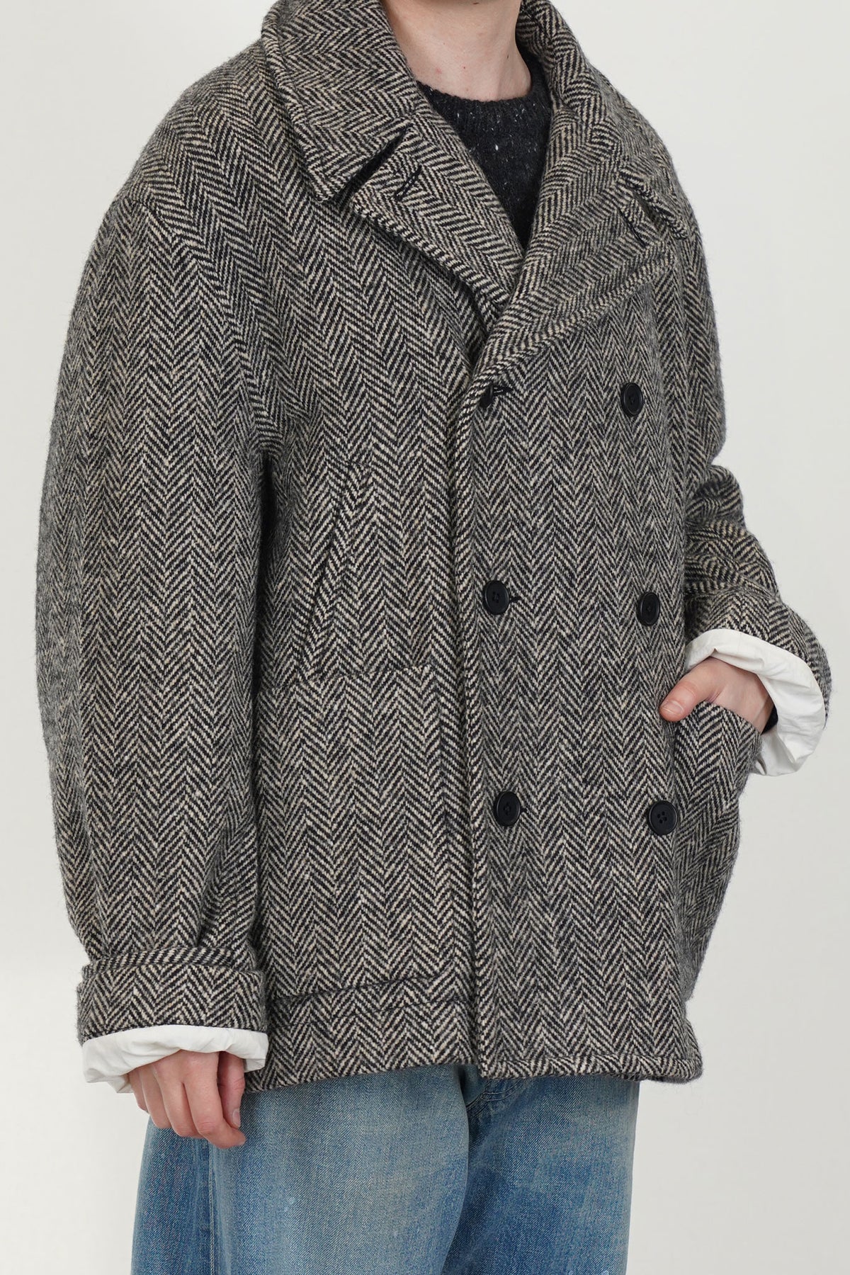 peacoat wool herringbone natural black