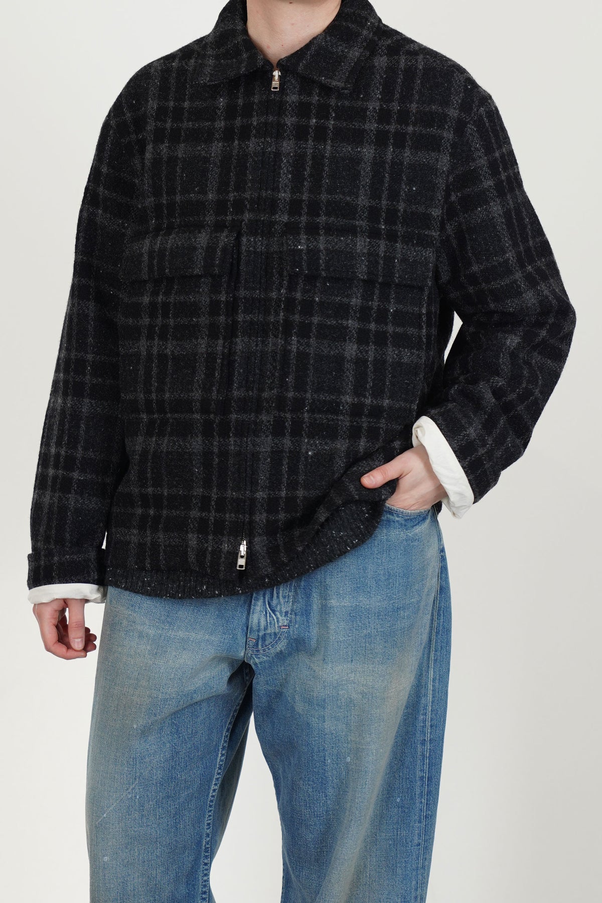 zip jacket wool tweed black grey check