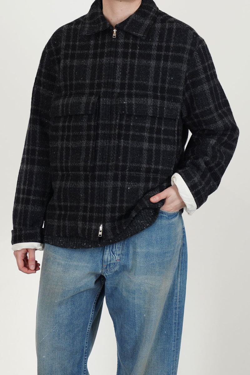 zip jacket wool tweed black grey check