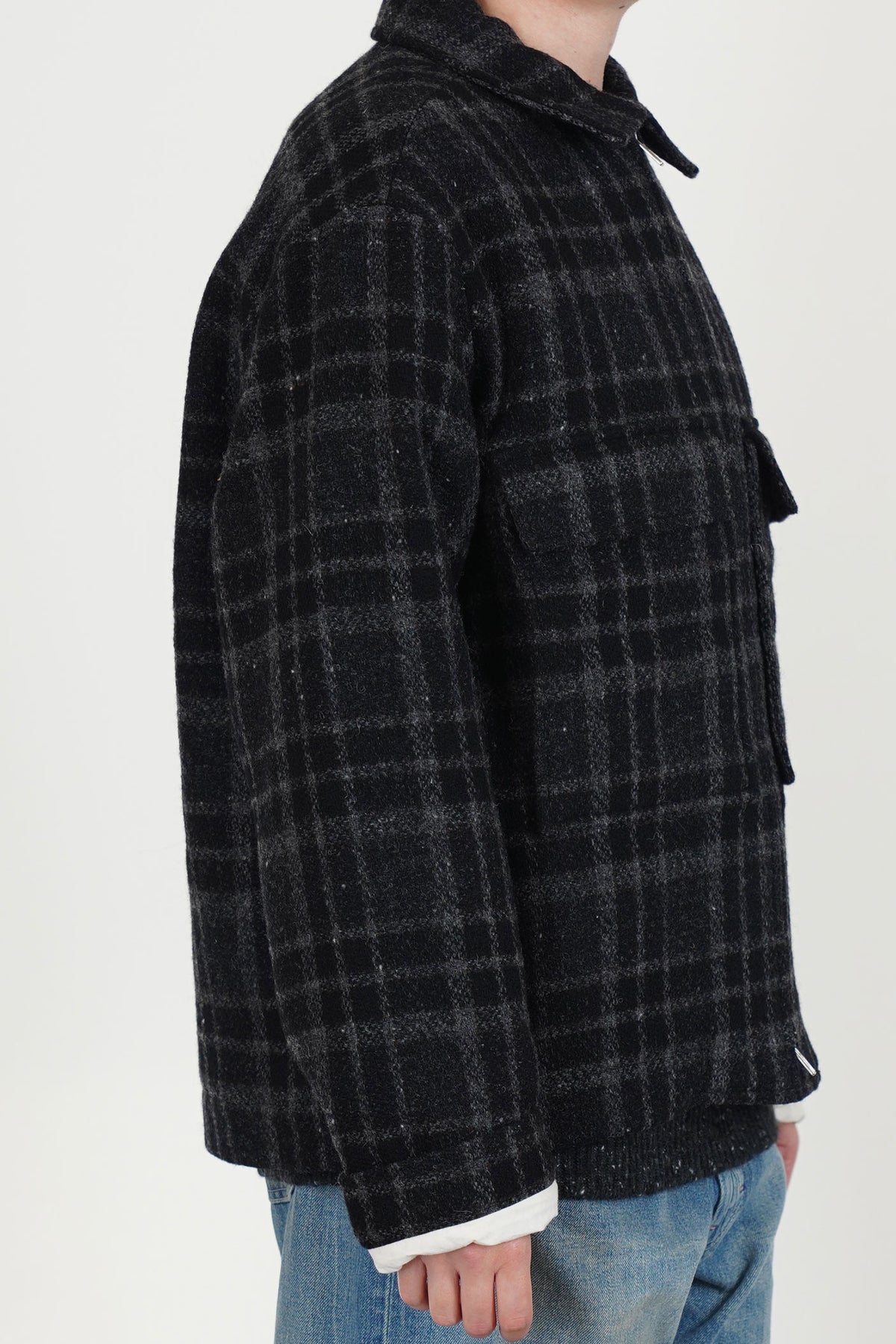 zip jacket wool tweed black grey check