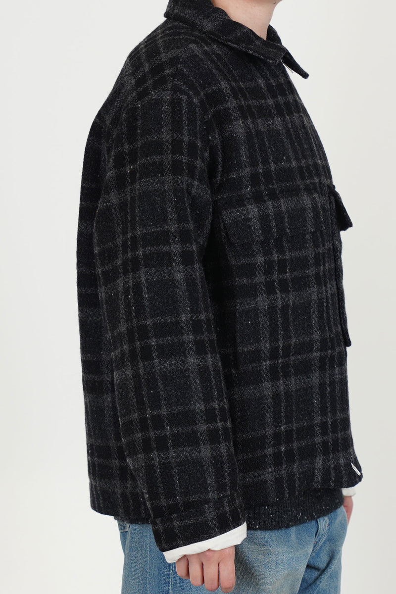 zip jacket wool tweed black grey check