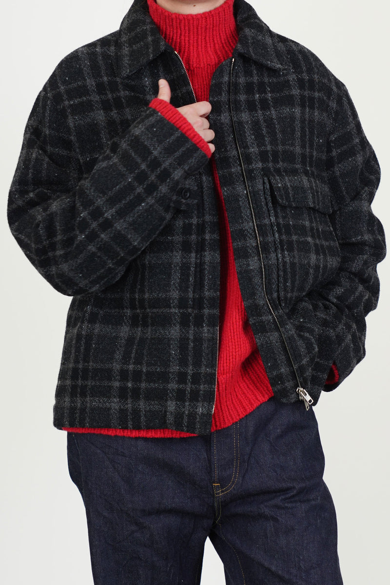 zip jacket wool tweed black grey check