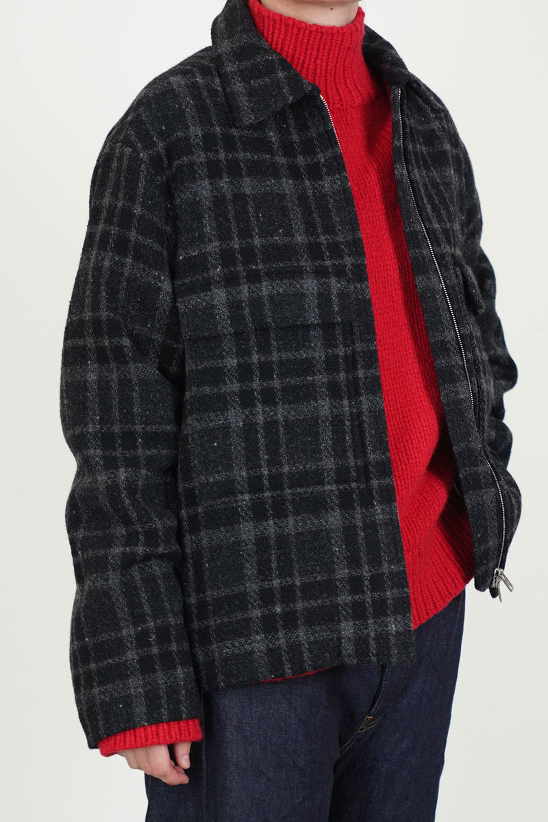 zip jacket wool tweed black grey check