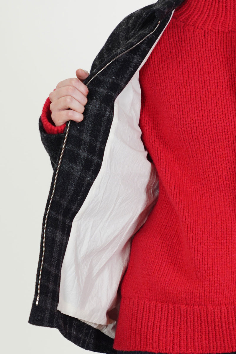 zip jacket wool tweed black grey check