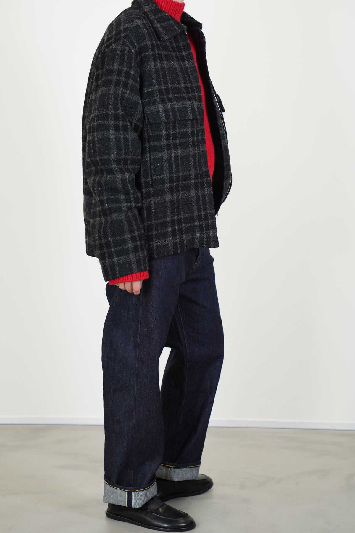zip jacket wool tweed black grey check