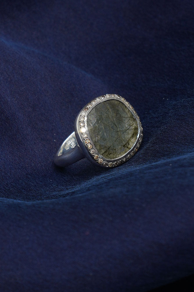 junya v ring silver cognac diamonds green rutilated quartz