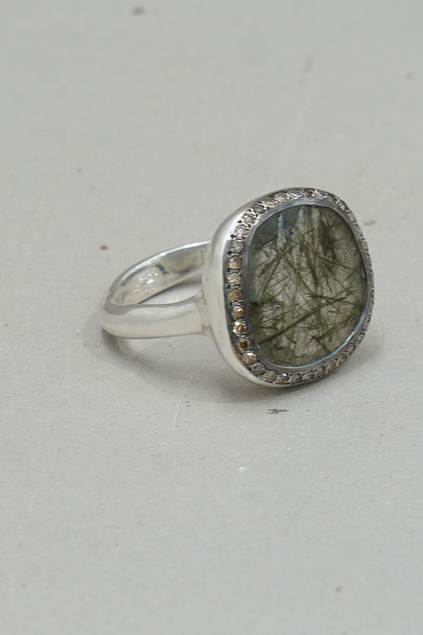 junya v ring silver cognac diamonds green rutilated quartz