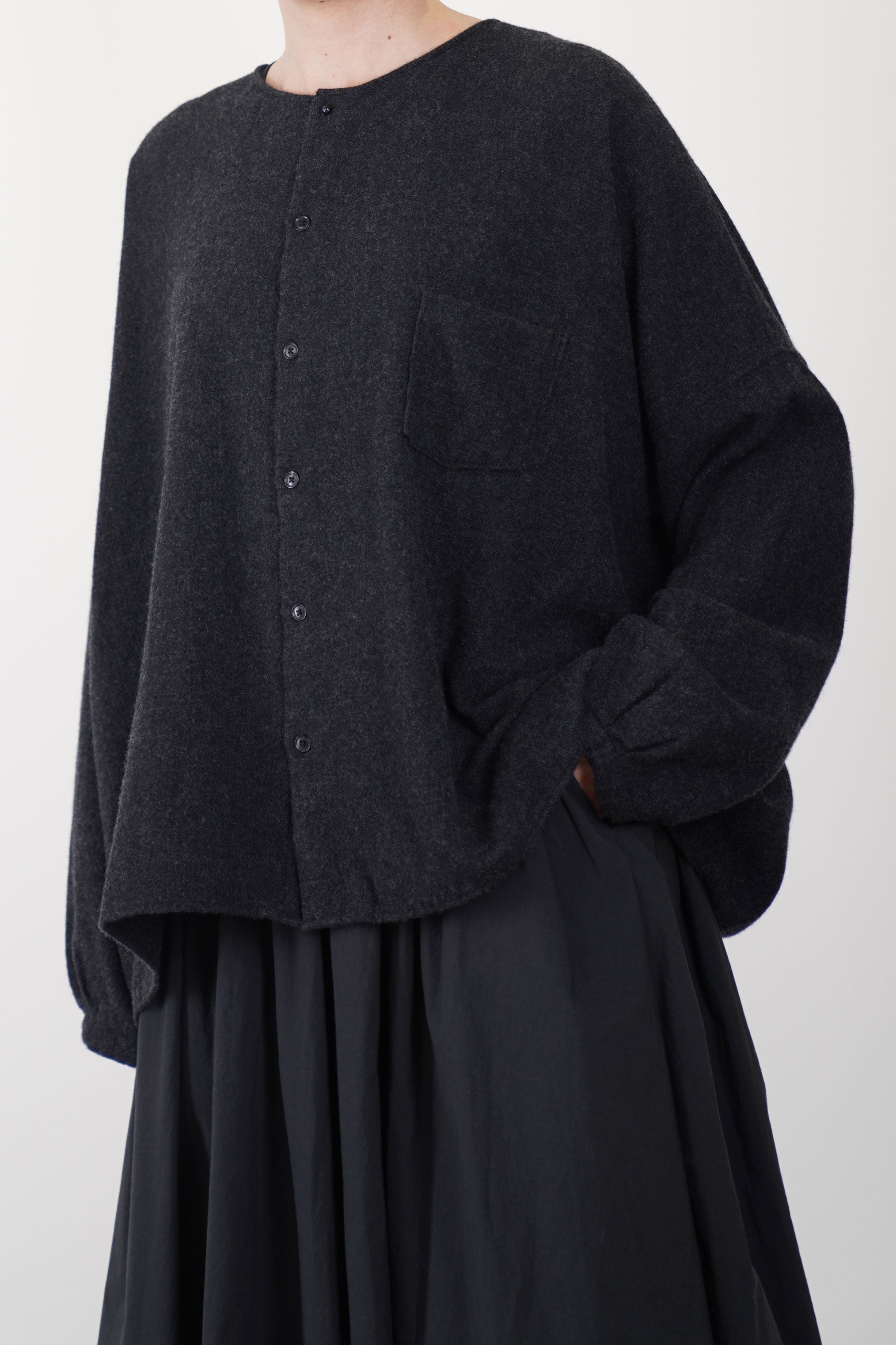 no collar wide shirt wool cashmere charcoal