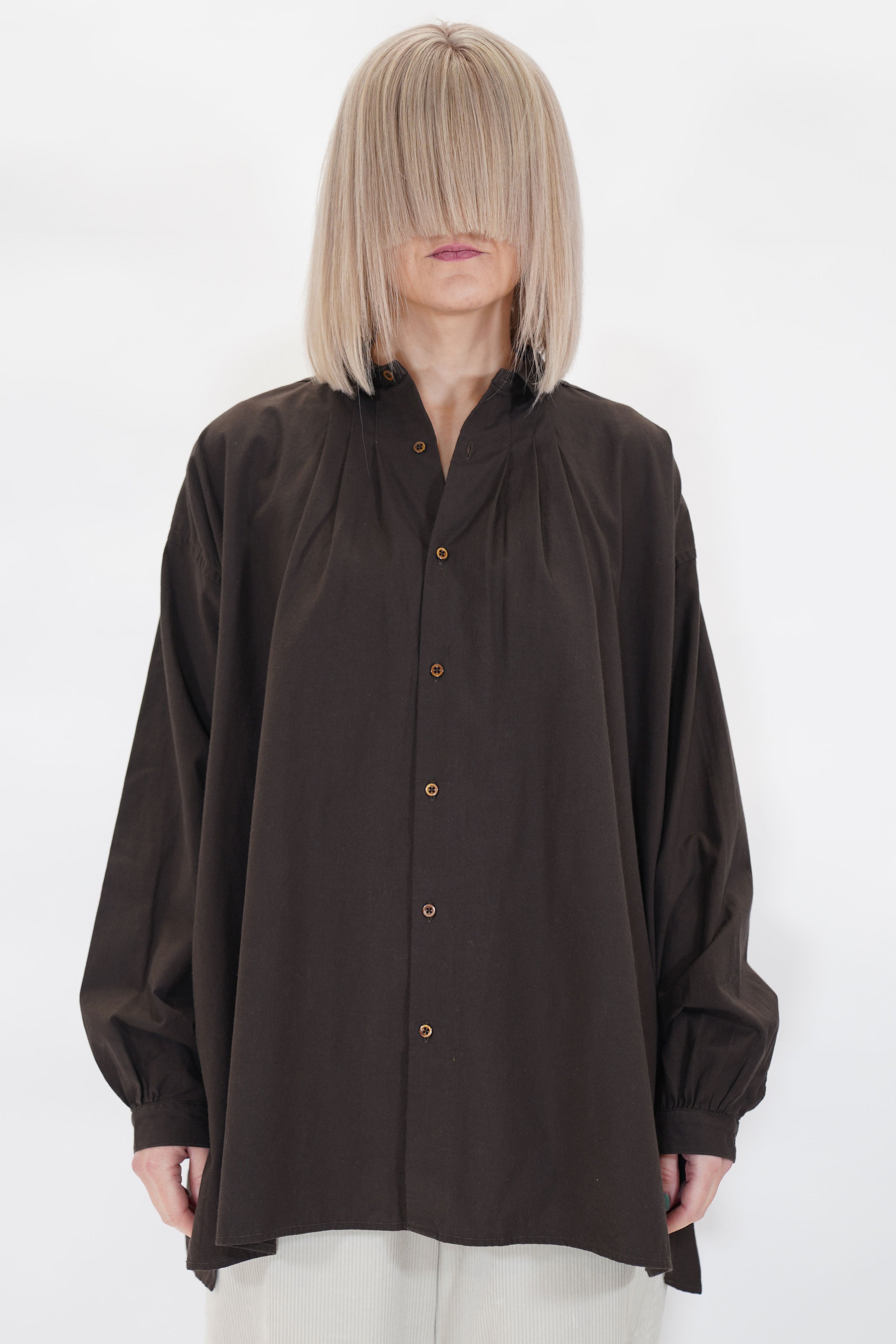 cotton cashmere wide gather blouse brown