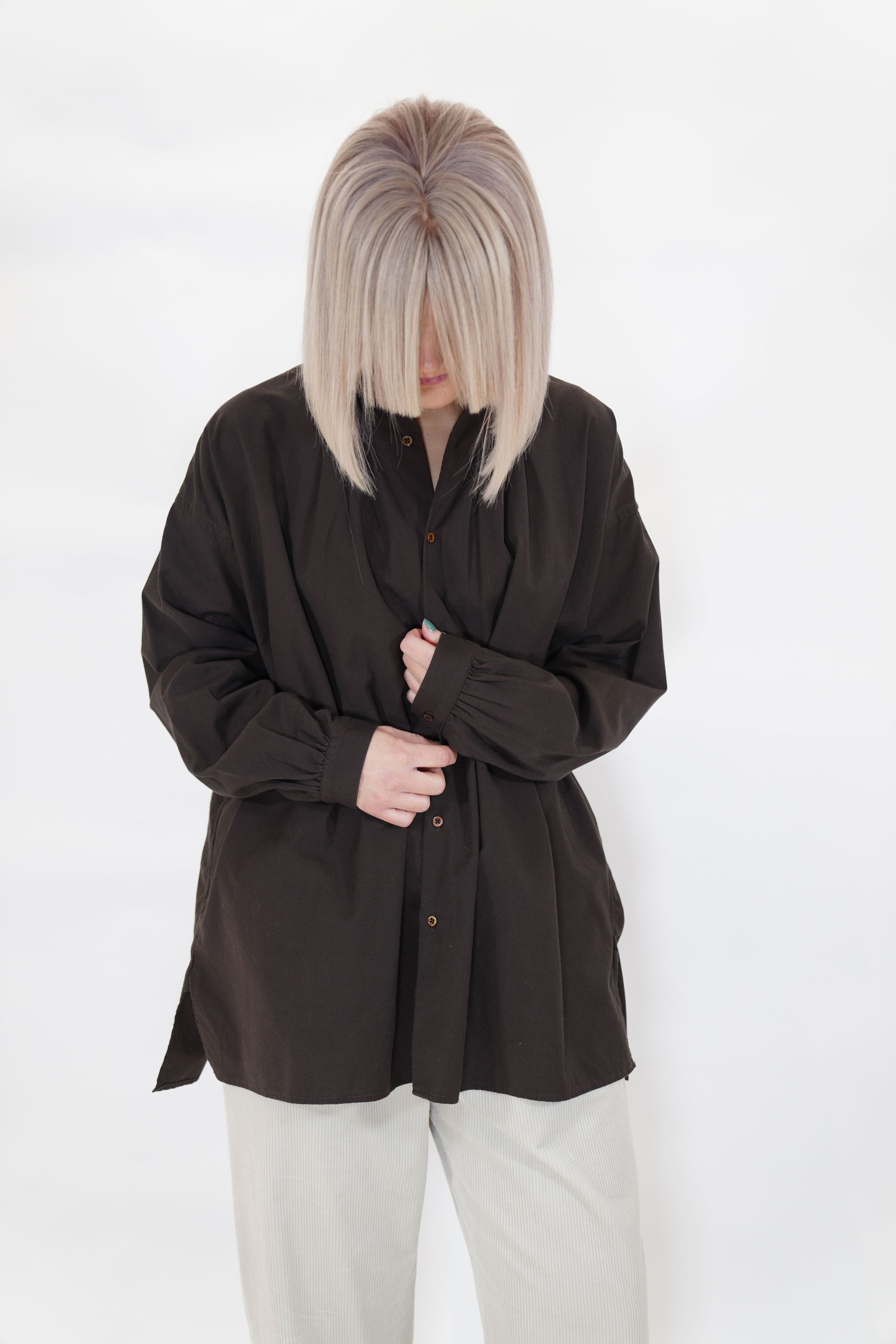 cotton cashmere wide gather blouse brown