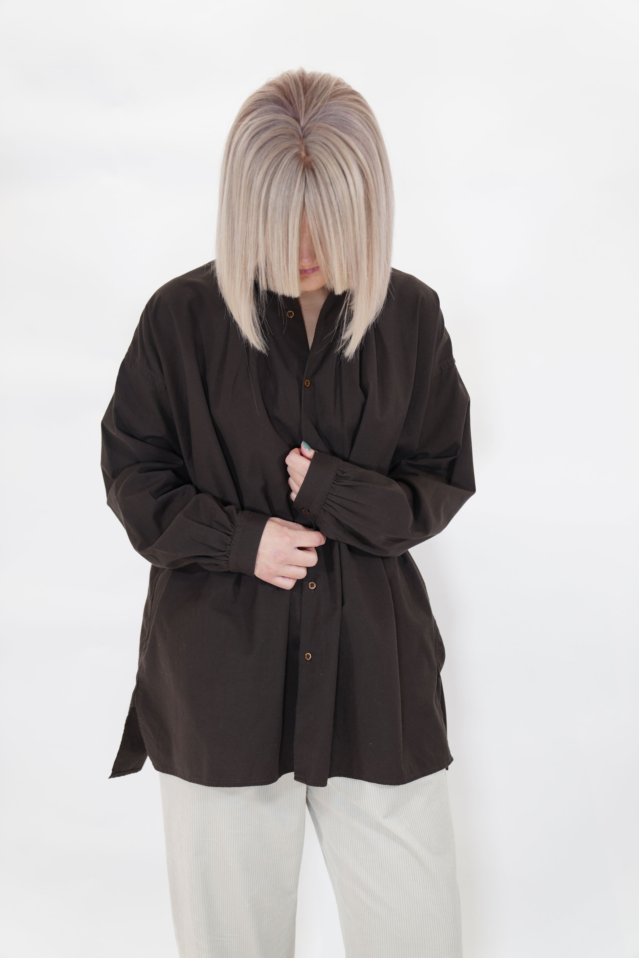 cotton cashmere wide gather blouse brown