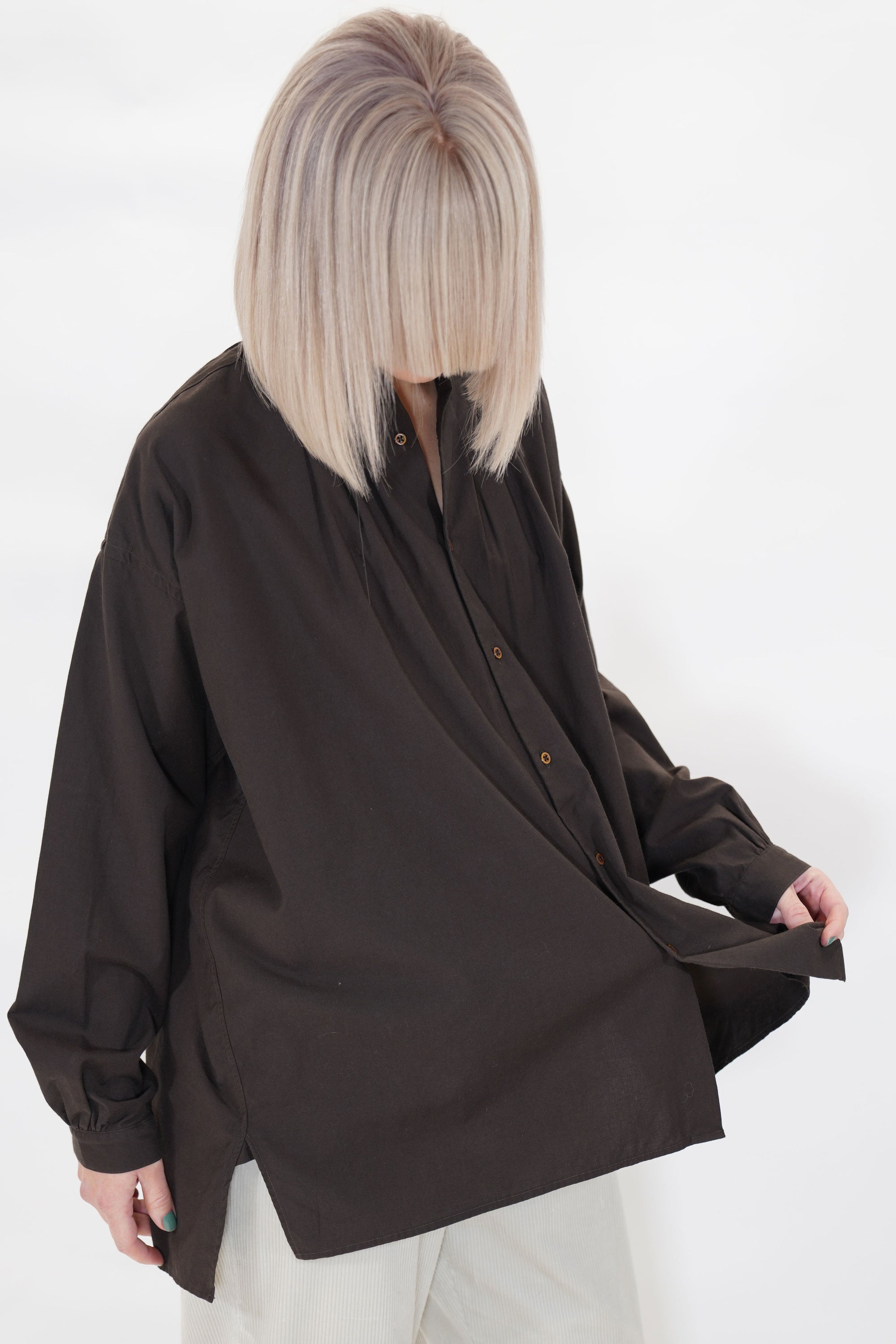 cotton cashmere wide gather blouse brown